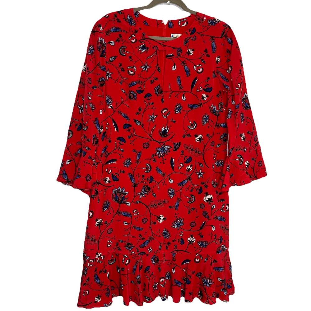Shoshanna Dress Size 12 Red Floral Ruffle Hem Bell Sleeve Lined Sheath Feminine